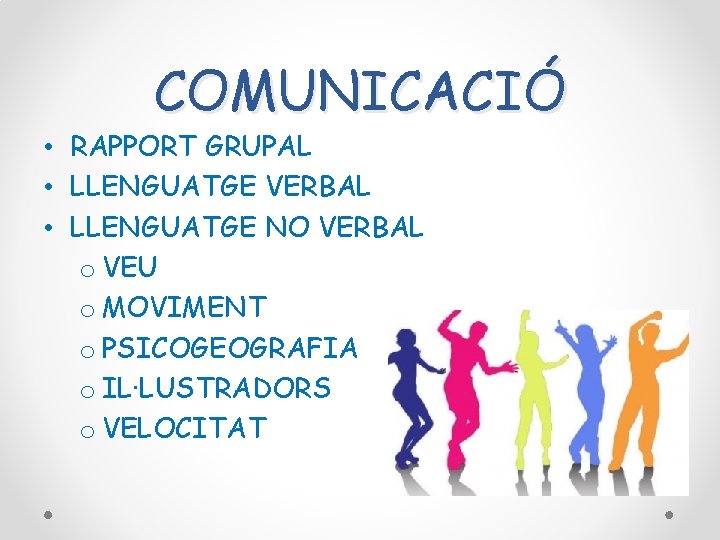 COMUNICACIÓ • RAPPORT GRUPAL • LLENGUATGE VERBAL • LLENGUATGE NO VERBAL o VEU o COMUNICACIÓ • RAPPORT GRUPAL • LLENGUATGE VERBAL • LLENGUATGE NO VERBAL o VEU o