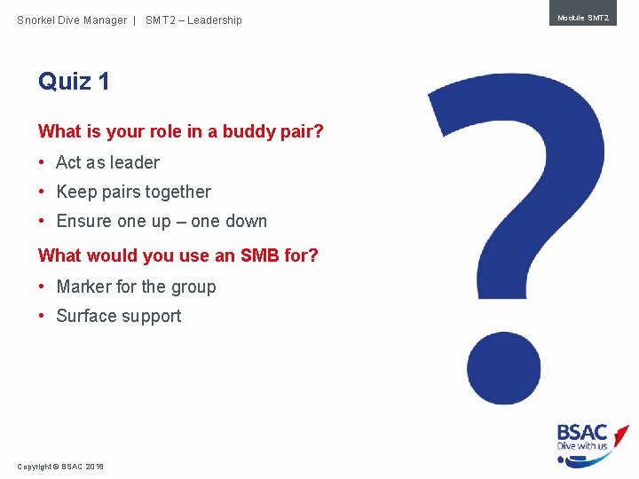 Snorkel Dive Manager | SMT 2 – Leadership Quiz 1 What is your role