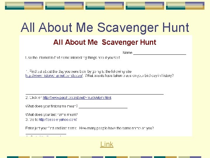 All About Me Scavenger Hunt Link 