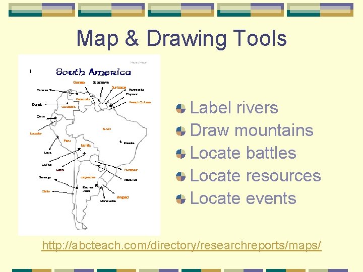 Map & Drawing Tools Label rivers Draw mountains Locate battles Locate resources Locate events