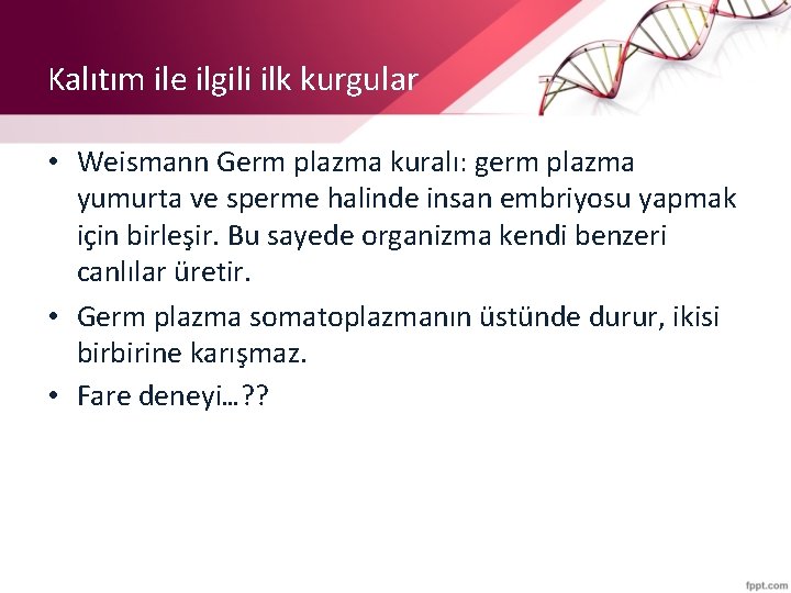 Kalıtım ile ilgili ilk kurgular • Weismann Germ plazma kuralı: germ plazma yumurta ve