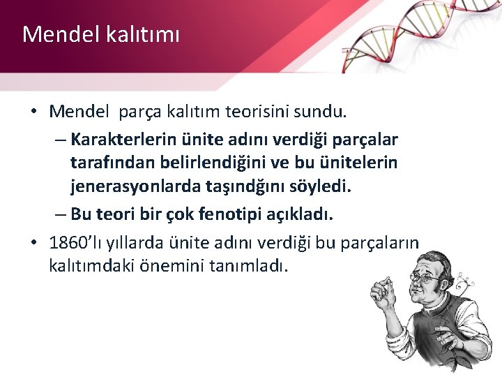 Mendel kalıtımı • Mendel parça kalıtım teorisini sundu. – Karakterlerin ünite adını verdiği parçalar