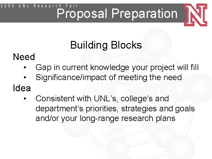 Proposal Preparation Building Blocks Need • • Gap in current knowledge your project will