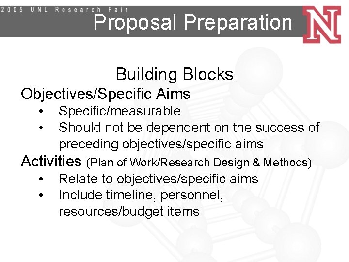 Proposal Preparation Building Blocks Objectives/Specific Aims • • Specific/measurable Should not be dependent on
