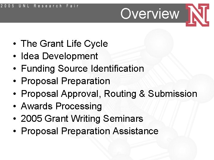 Overview • • The Grant Life Cycle Idea Development Funding Source Identification Proposal Preparation