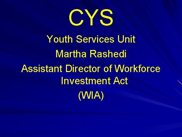 CYS Youth Services Unit Martha Rashedi Assistant Director of Workforce Investment Act (WIA) 