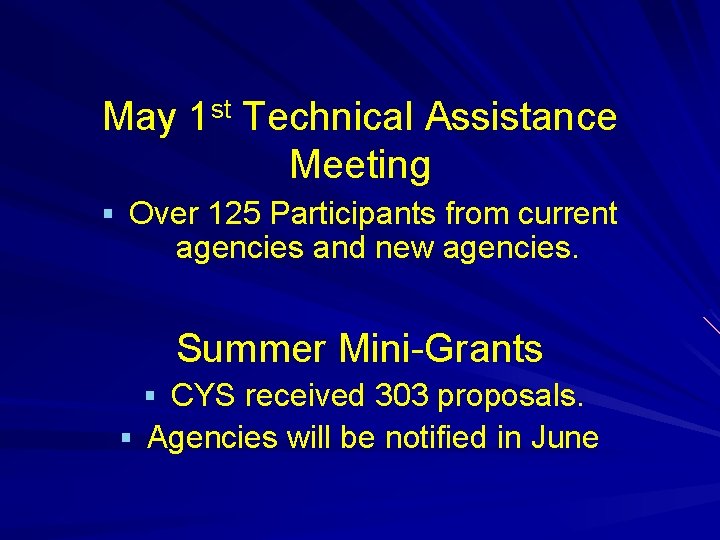 May 1 st Technical Assistance Meeting § Over 125 Participants from current agencies and