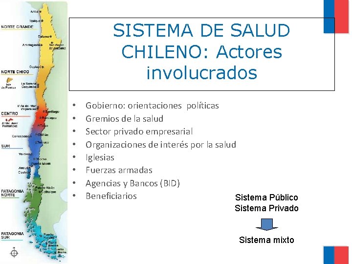 SISTEMA DE SALUD CHILENO: Actores involucrados • • Gobierno: orientaciones políticas Gremios de la