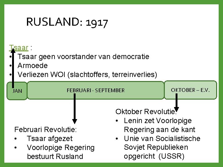 RUSLAND: 1917 Tsaar : • Tsaar geen voorstander van democratie • Armoede • Verliezen