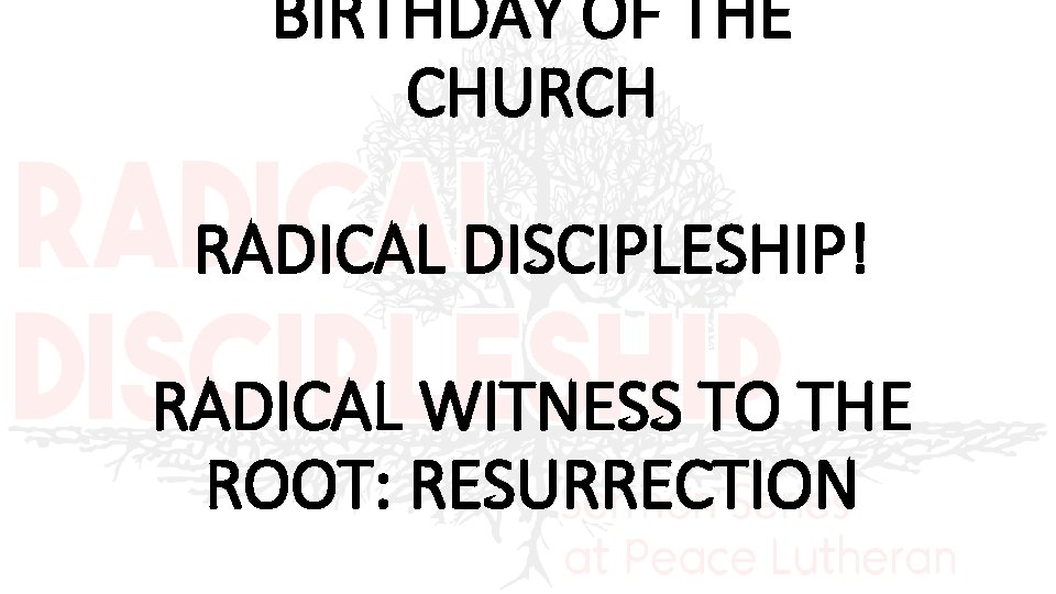 BIRTHDAY OF THE CHURCH RADICAL DISCIPLESHIP! RADICAL WITNESS TO THE ROOT: RESURRECTION 