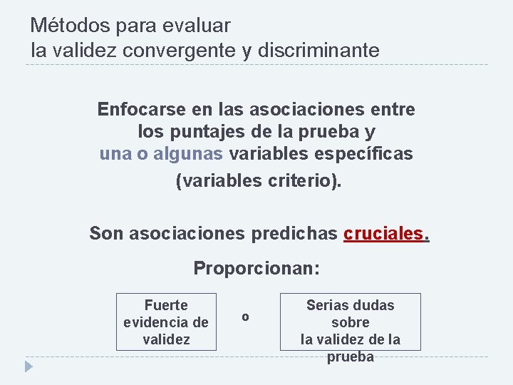 Métodos para evaluar la validez convergente y discriminante Enfocarse en las asociaciones entre los