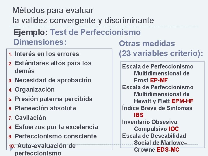 Métodos para evaluar la validez convergente y discriminante Ejemplo: Test de Perfeccionismo Dimensiones: Otras