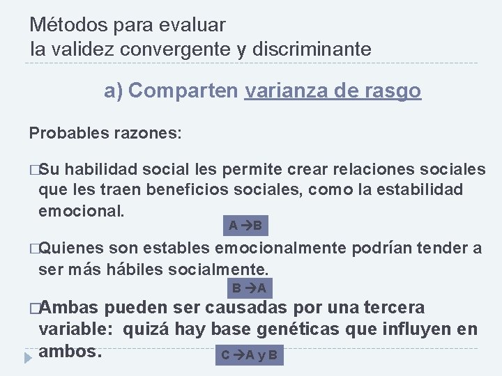 Métodos para evaluar la validez convergente y discriminante a) Comparten varianza de rasgo Probables