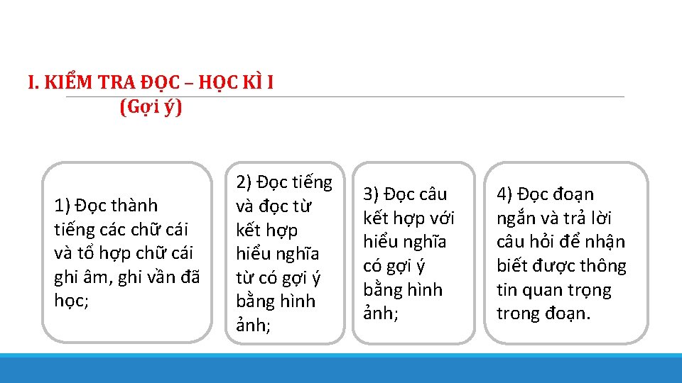 I. KIỂM TRA ĐỌC – HỌC KÌ I (Gợi ý) 1) Đọc thành tiếng