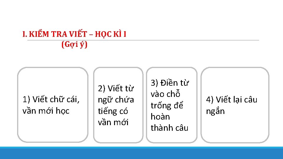 I. KIỂM TRA VIẾT – HỌC KÌ I (Gợi ý) 1) Viết chữ cái,