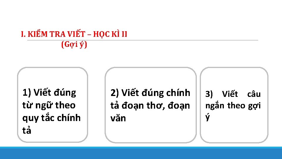 I. KIỂM TRA VIẾT – HỌC KÌ II (Gợi ý) 1) Viết đúng từ