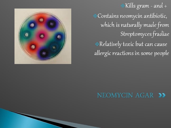 v. Kills gram - and + v. Contains neomycin antibiotic, which is naturally made