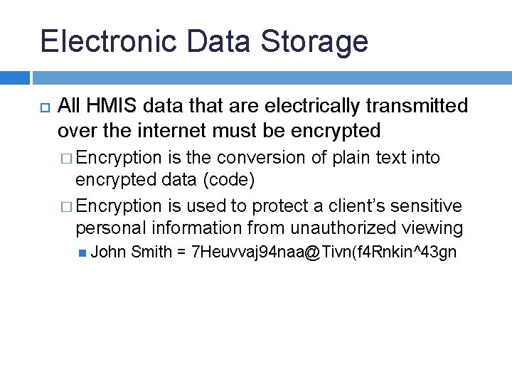 Electronic Data Storage All HMIS data that are electrically transmitted over the internet must