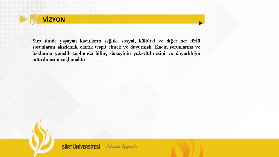 VİZYON Siirt ilinde yaşayan kadınların sağlık, sosyal, kültürel ve diğer her türlü sorunlarını akademik VİZYON Siirt ilinde yaşayan kadınların sağlık, sosyal, kültürel ve diğer her türlü sorunlarını akademik