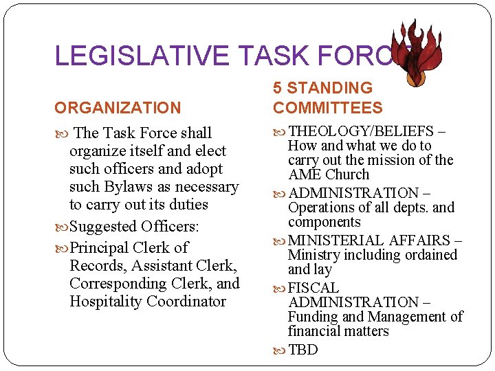 LEGISLATIVE TASK FORCE ORGANIZATION 5 STANDING COMMITTEES The Task Force shall THEOLOGY/BELIEFS – organize