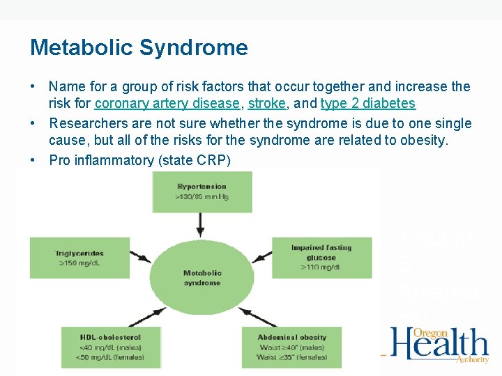 Metabolic Syndrome • Name for a group of risk factors that occur together and