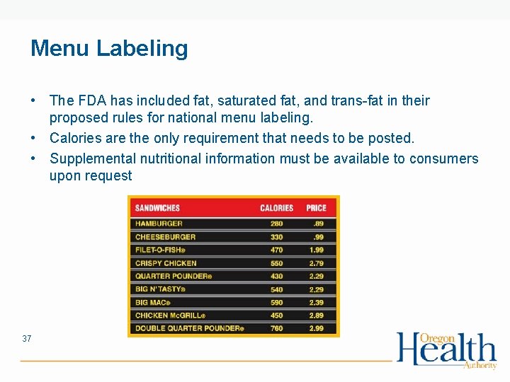 Menu Labeling • The FDA has included fat, saturated fat, and trans-fat in their