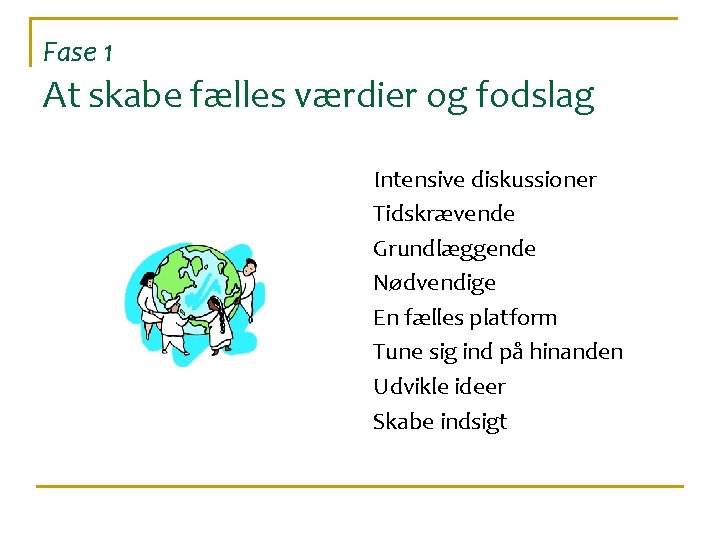 Fase 1 At skabe fælles værdier og fodslag Intensive diskussioner Tidskrævende Grundlæggende Nødvendige En