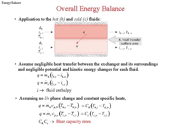 Energy Balance Overall Energy Balance • Application to the hot (h) and cold (c)