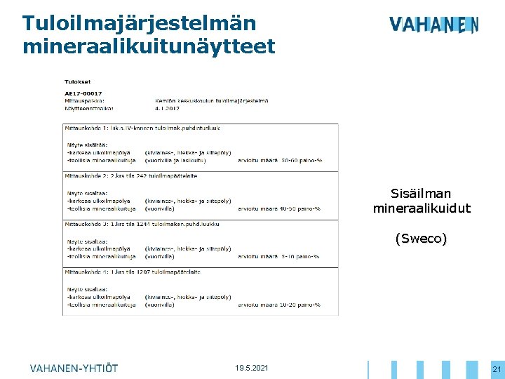 Tuloilmajärjestelmän mineraalikuitunäytteet Sisäilman mineraalikuidut (Sweco) 19. 5. 2021 21 