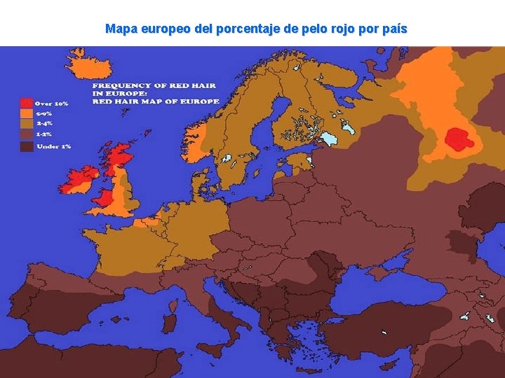 Mapa europeo del porcentaje de pelo rojo por país 