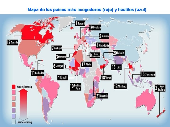 Mapa de los países más acogedores (rojo) y hostiles (azul) 