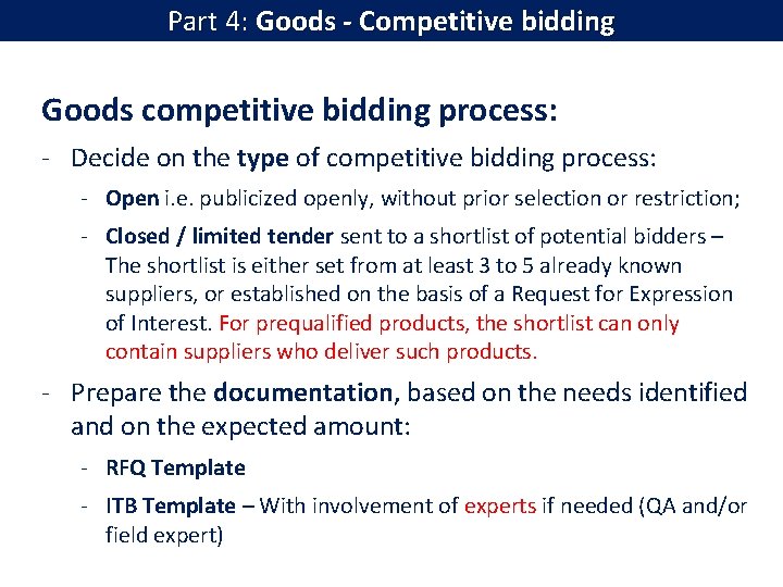Module Solicitation method Competitive bidding process Stream Technical