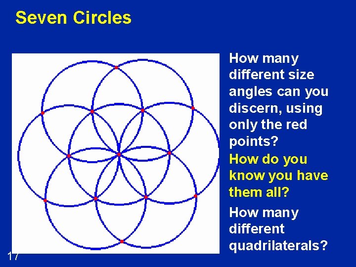 Seven Circles 17 How many different size angles can you discern, using only the