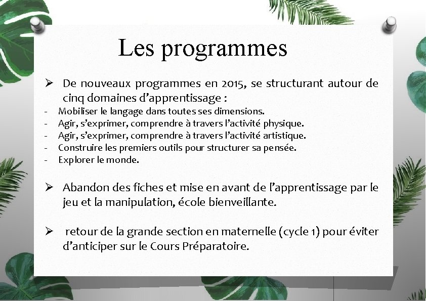 Les programmes Ø De nouveaux programmes en 2015, se structurant autour de cinq domaines