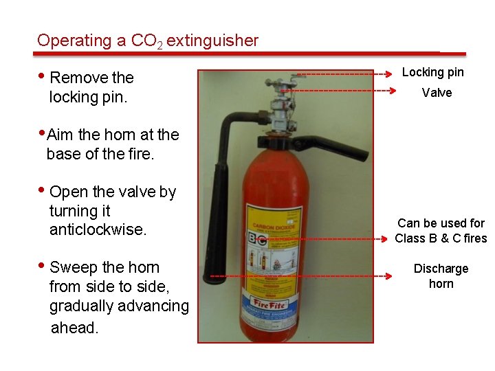 Operating a CO 2 extinguisher • Remove the locking pin. Locking pin Valve •