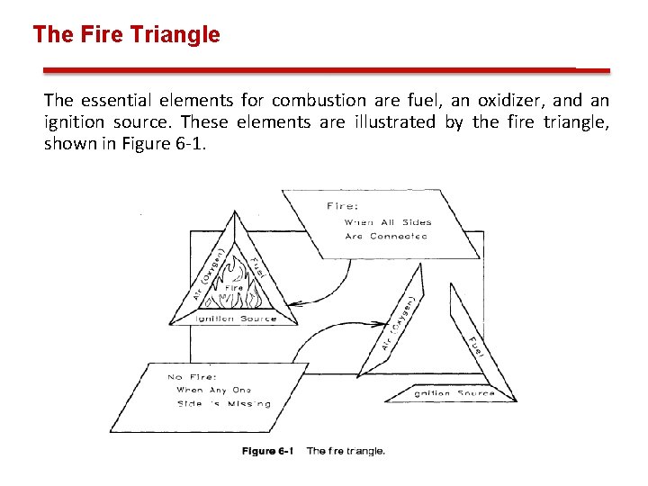 The Fire Triangle The essential elements for combustion are fuel, an oxidizer, and an