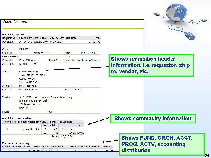 Shows requisition header information, i. e. requestor, ship to, vendor, etc. Shows commodity information