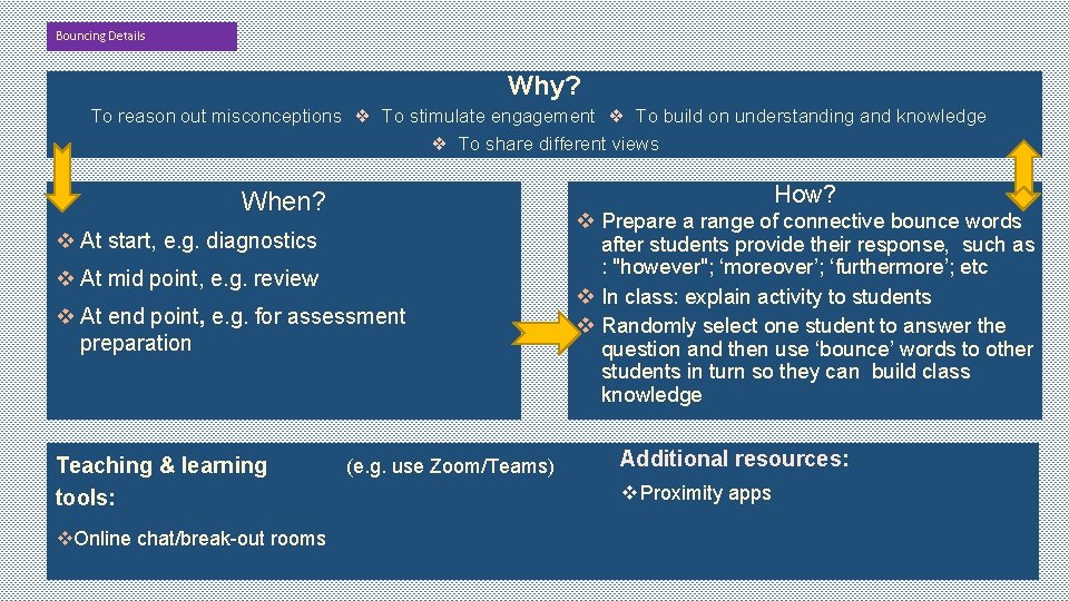 Bouncing Details Why? To reason out misconceptions ❖ To stimulate engagement ❖ To build