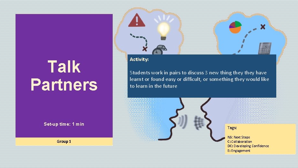 Talk Partners Set-up time: 1 min Group 1 Activity: Students work in pairs to