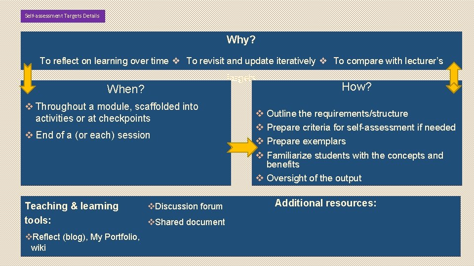 Self-assessment Targets Details Why? To reflect on learning over time ❖ To revisit and