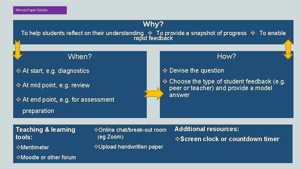 Minute Paper Details Why? To help students reflect on their understanding ❖ To provide