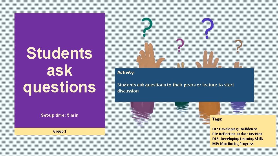 Students ask questions Set-up time: 5 min Group 1 Activity: Students ask questions to
