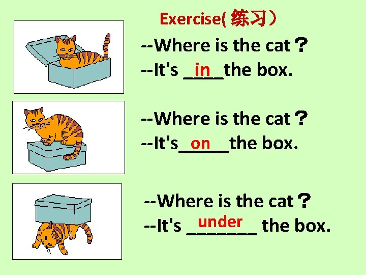 Exercise( 练习) --Where is the cat? in --It's ____the box. --Where is the cat? Exercise( 练习) --Where is the cat? in --It's ____the box. --Where is the cat?