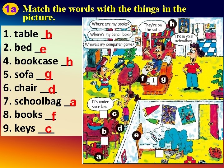 1 a Match the words with the things in the picture. 1. table __ 1 a Match the words with the things in the picture. 1. table __