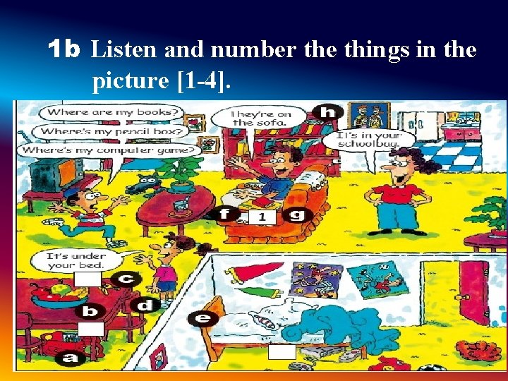 1 b Listen and number the things in the picture [1 -4]. 