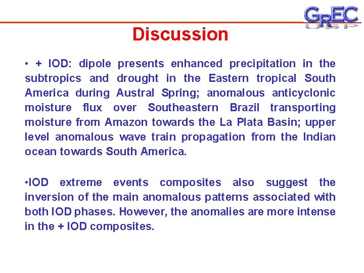 Discussion • + IOD: dipole presents enhanced precipitation in the subtropics and drought in