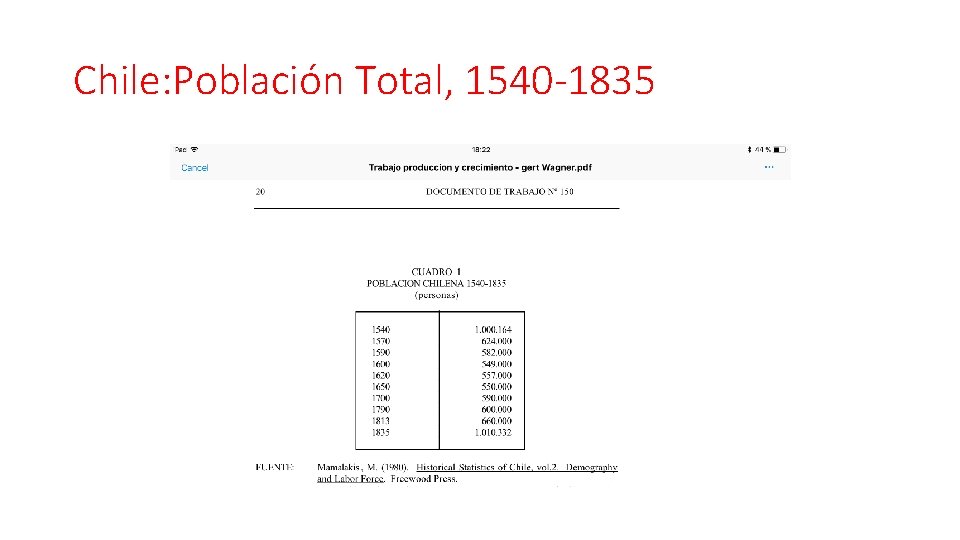 Chile: Población Total, 1540 -1835 