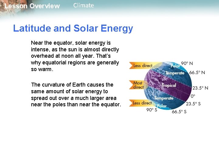 Lesson Overview Climate Latitude and Solar Energy Near the equator, solar energy is intense,