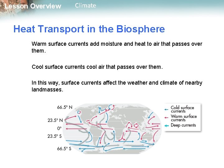 Lesson Overview Climate Heat Transport in the Biosphere Warm surface currents add moisture and