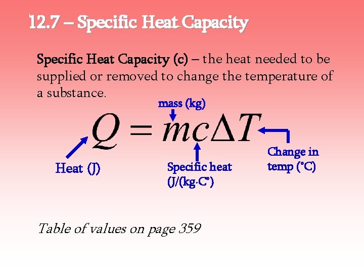 12. 7 – Specific Heat Capacity (c) – the heat needed to be supplied